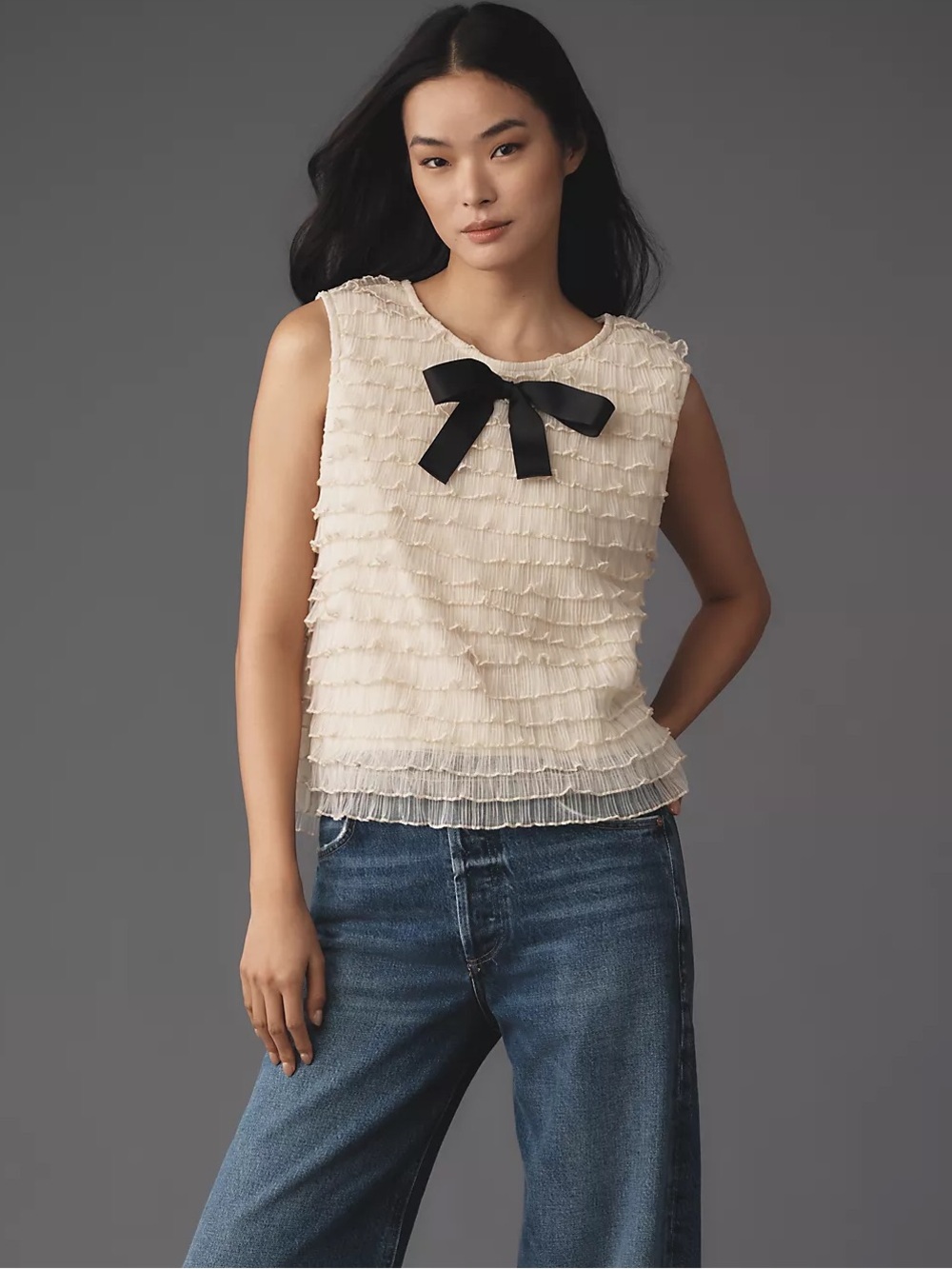 Anthropologie Blue Tassel Bow Tiered Ruffle Tank Top